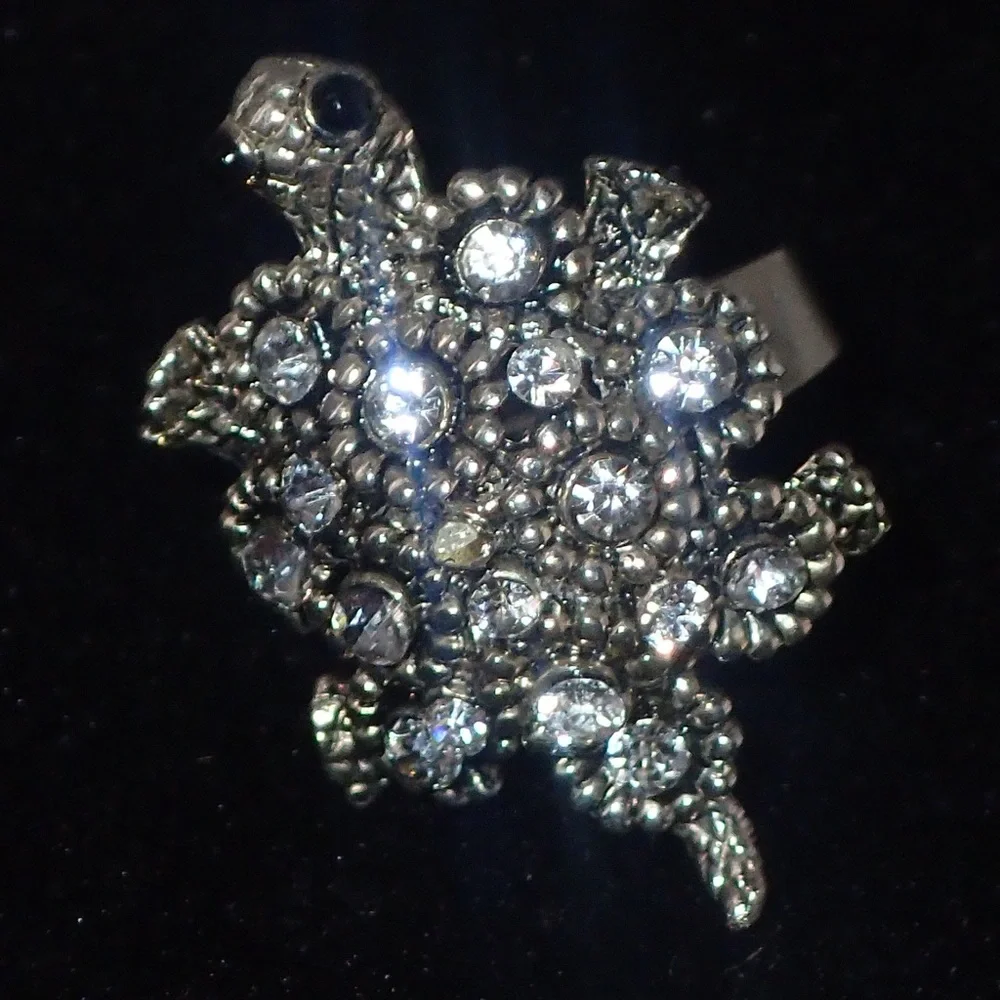 Vintage Ring Crystal Turtle Silver Adjustable Band Size 7 A Statement Piece Rare